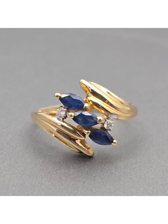 Cardow Jewelry - 10k Gold Ring Size 7 3 Marquise Sapphire & 2 Diamond Accents Signed Cardow